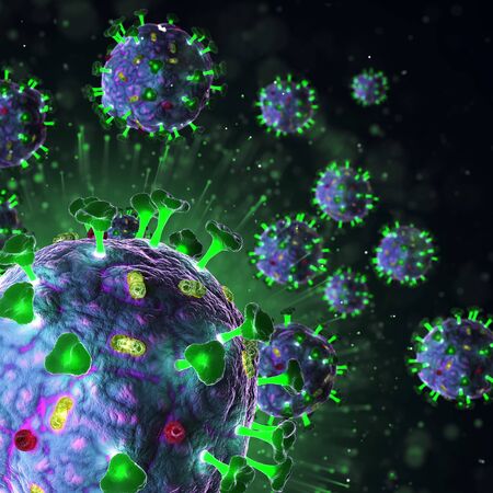 3D render of  VIRUS 2019nCoV has been discovered first time in January 2020 . Close-up from microscope of coronavirus. 3Dの写真素材
