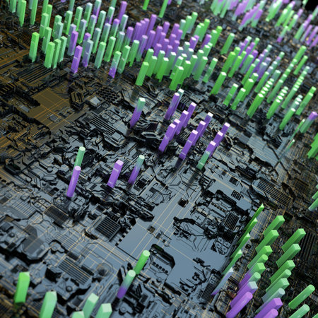 Circuit board futuristic server code processing. Multicolor technology background. 3d rendering...