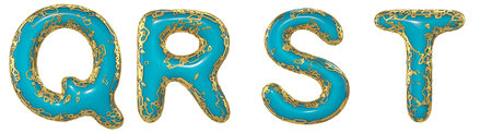 Realistic 3D letters set Q, R, S, T made of gold shining metal letters. Collection of gold shining...