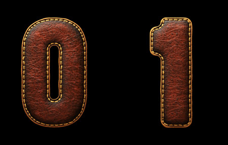 Set of numbers 0, 1 made of leather. 3D render font with skin texture isolated on black background. 3d renderingの写真素材