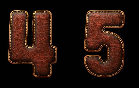 Set of numbers 4, 5 made of leather. 3D render font with skin texture isolated on black background. 3d renderingの写真素材