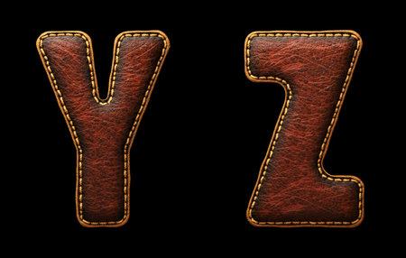 Set of leather letters Y, Z uppercase. 3D render font with skin texture isolated on black background. 3d renderingの写真素材