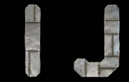 Set of capital letters I and J made of industrial metal isolated on black background. 3d renderingの写真素材