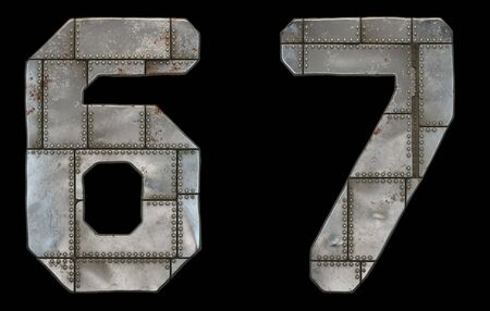 Set of numbers 6, 7 made of industrial metal on black background 3d renderingの写真素材