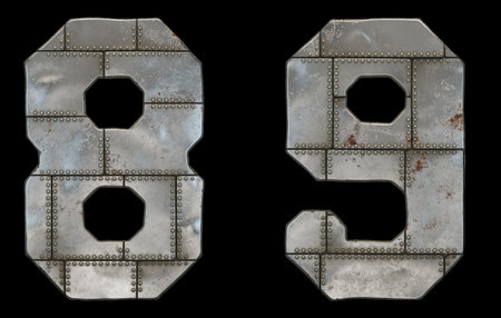 Set of numbers 8, 9 made of industrial metal on black background 3d rendering