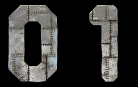 Set of numbers 0, 1 made of industrial metal on black background 3d rendering