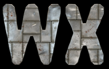 Set of capital letters W and X made of industrial metal isolated on black background. 3d renderingの写真素材
