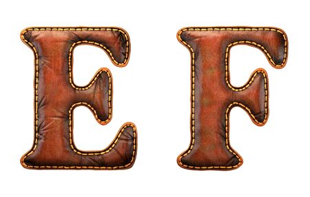 Set of leather letters E, F uppercase. 3D render font with skin texture isolated on white background. 3d renderingの写真素材