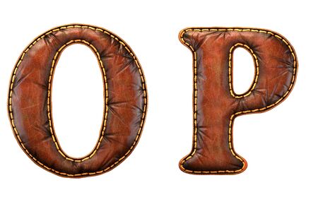 Set of leather letters O, P uppercase. 3D render font with skin texture isolated on white background. 3d renderingの写真素材