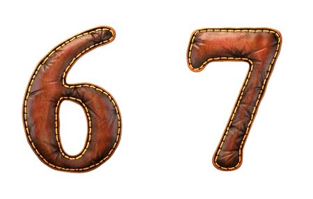 Set of numbers 6, 7 made of leather. 3D render font with skin texture isolated on white background. 3d rendering