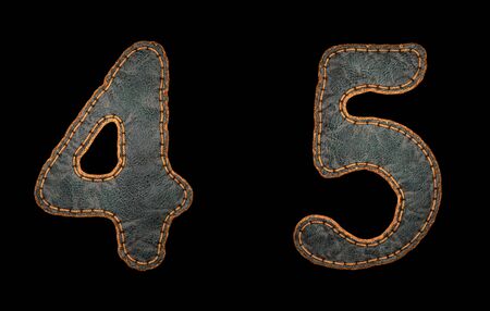 Set of numbers 4, 5 made of leather. 3D render font with skin texture isolated on black background. 3d renderingの写真素材