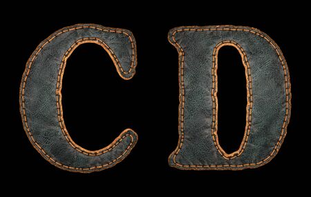Set of leather letters C, D uppercase. 3D render font with skin texture isolated on black background. 3d renderingの写真素材