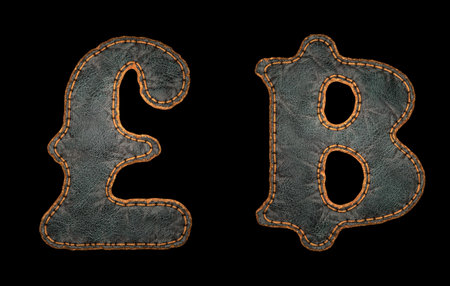 Set of symbols lira and baht made of leather. 3D render font with skin texture isolated on black...