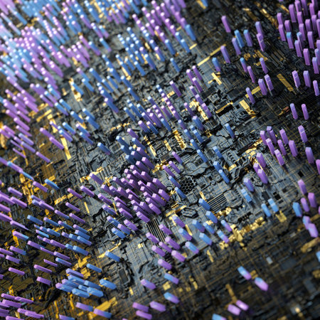 Circuit board futuristic server code processing. Multicolor technology background. 3d rendering...