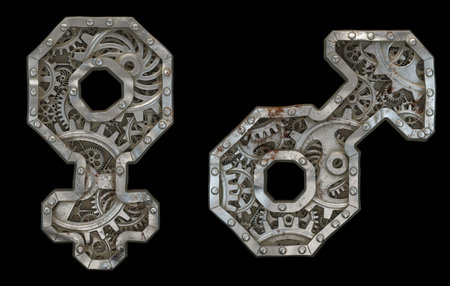 Set of mechanical alphabet made from rivet metal with gears on black background. Symbol female and male. 3D renderingの写真素材