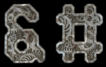 Set of mechanical alphabet made from rivet metal with gears on black background. Symbol ampersand...