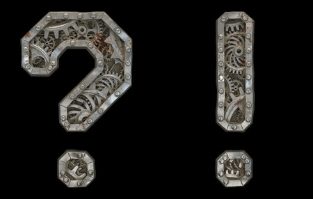 Set of mechanical alphabet made from rivet metal with gears on black background. Symbol question...