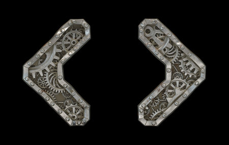 Mechanical alphabet made from rivet metal with gears on black background. Set of symbol left and...