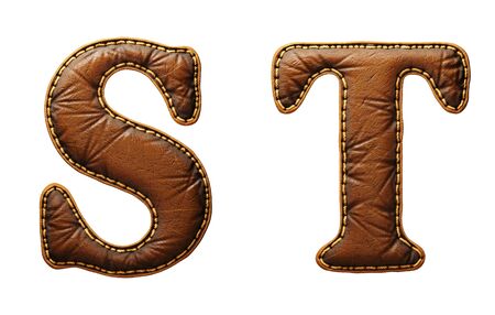 Set of leather letters S, T uppercase. 3D render font with skin texture isolated on white background. 3d renderingの写真素材