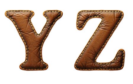 Set of leather letters Y, Z uppercase. 3D render font with skin texture isolated on white background. 3d renderingの写真素材
