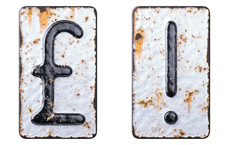 Set of symbols pound and exclamation point made of forged metal on the background fragment of a...