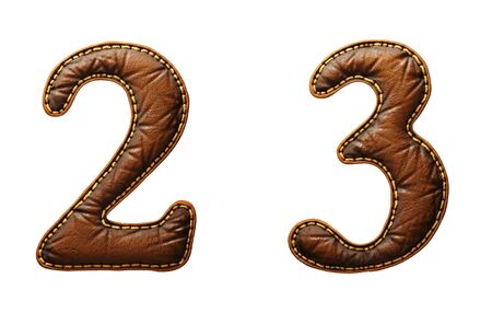 Set of numbers 2, 3 made of leather. 3D render font with skin texture isolated on white background. 3d renderingの写真素材