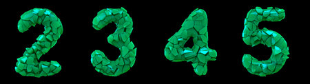 Number plastic set 2, 3, 4, 5 made of 3d render plastic shards green color. Collection of plastic...