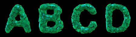 Plastic letters set A, B, C, D made of 3d render plastic shards green color. Collection of plastic alphabet isolated on black.の写真素材