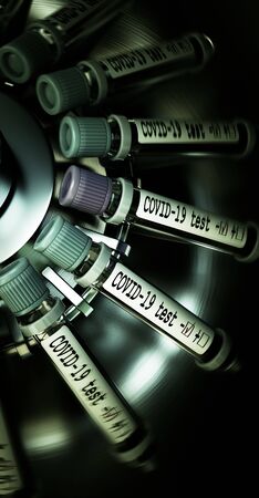 Tube of biological sample contaminated by Coronavirus with label Covid-19. Vials of blood in a centrifuge. Pandemic infectious concept. 3d renderingの写真素材