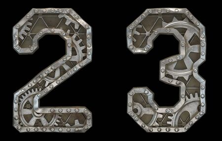 Set of mechanical alphabet made from rivet metal with gears on black background. Number2, 3. 3D renderingの写真素材