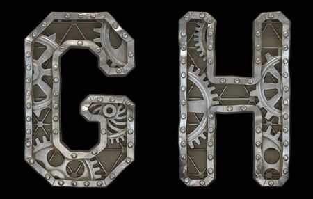 Set of mechanical alphabet made from rivet metal with gears on black background. Letters G and H. 3D renderingの写真素材