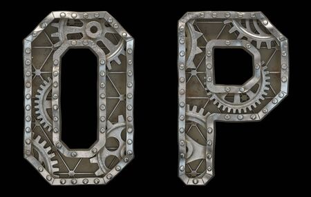 Set of mechanical alphabet made from rivet metal with gears on black background. Letters O and P. 3D renderingの写真素材