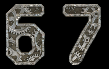 Set of mechanical alphabet made from rivet metal with gears on black background. Numbers 6, 7. 3D...