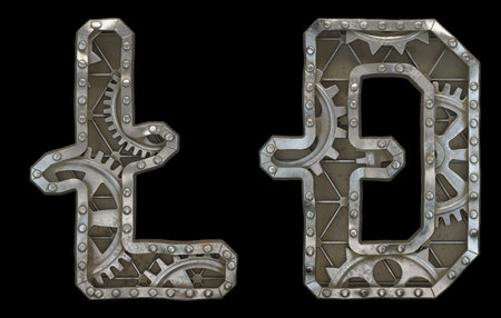 Set of mechanical alphabet made from rivet metal with gears on black background. Symbol litecoin and dashcoin. 3D renderingの写真素材