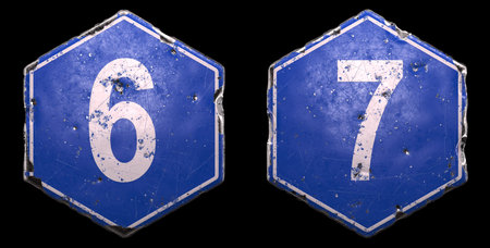 Set of public road signs in blue color with a white number 6 and 7 in the center on black...