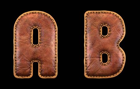 Set of leather letters A, B uppercase. 3D render font with skin texture isolated on black background. 3d renderingの写真素材