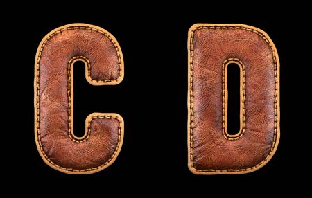 Set of leather letters C, D uppercase. 3D render font with skin texture isolated on black background. 3d renderingの写真素材