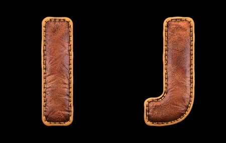 Set of leather letters I, J uppercase. 3D render font with skin texture isolated on black background. 3d renderingの写真素材
