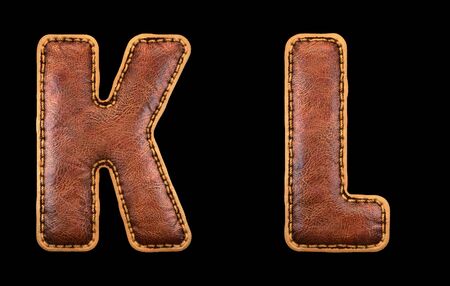 Set of leather letters K, L uppercase. 3D render font with skin texture isolated on black background. 3d renderingの写真素材