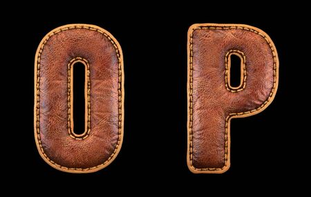 Set of leather letters O, P uppercase. 3D render font with skin texture isolated on black background. 3d renderingの写真素材
