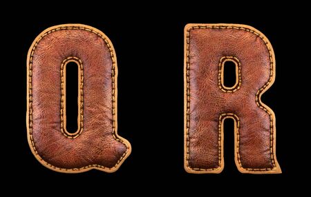 Set of leather letters Q, R uppercase. 3D render font with skin texture isolated on black background. 3d renderingの写真素材