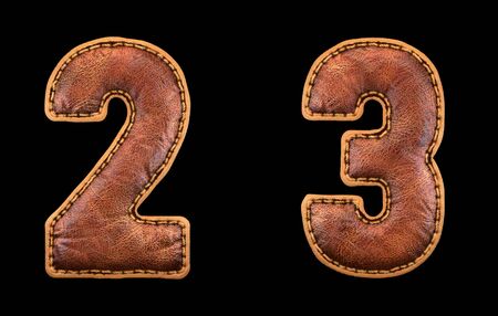 Set of numbers 2, 3 made of leather. 3D render font with skin texture isolated on black background. 3d renderingの写真素材