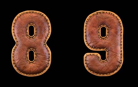 Set of numbers 8, 9 made of leather. 3D render font with skin texture isolated on black background. 3d renderingの写真素材