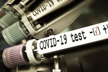 Vials of blood in a centrifuge. Negative COVID-19 test and laboratory sample of blood testing for diagnosis new Corona virus infection (novel corona virus disease 2019)  . Pandemic infectious concept. 3D renderingの写真素材