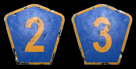 Set of public road signs in blue and orange color with a numbers 2 and 3 in the center isolated black background. 3d renderingの写真素材