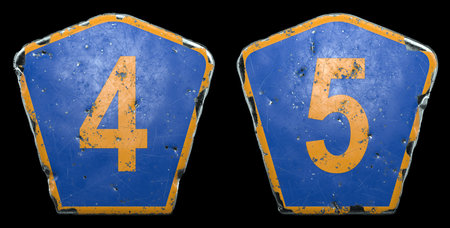 Set of public road signs in blue and orange color with a numbers 4 and 5 in the center isolated...