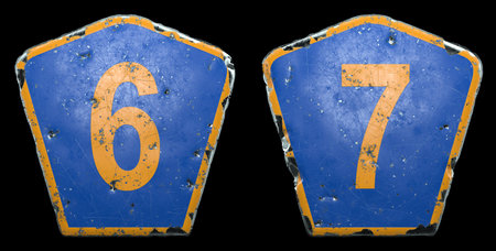 Set of public road signs in blue and orange color with a numbers 6 and 7 in the center isolated...