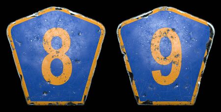 Set of public road signs in blue and orange color with a numbers 8 and 9 in the center isolated black background. 3d renderingの写真素材