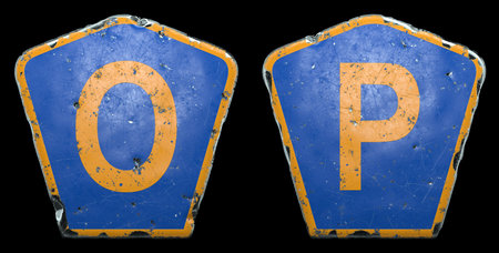 Set of public road signs in blue and orange color with a capital letters O and P in the center...