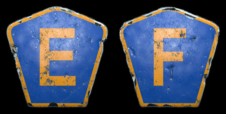 Set of public road signs in blue and orange color with a capital letters E and F in the center...